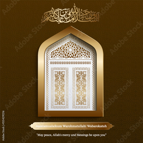 Luxury islamic golden mosque door background with calligraphy Assalamualaikum Warohmatullahi Wabarokatuh