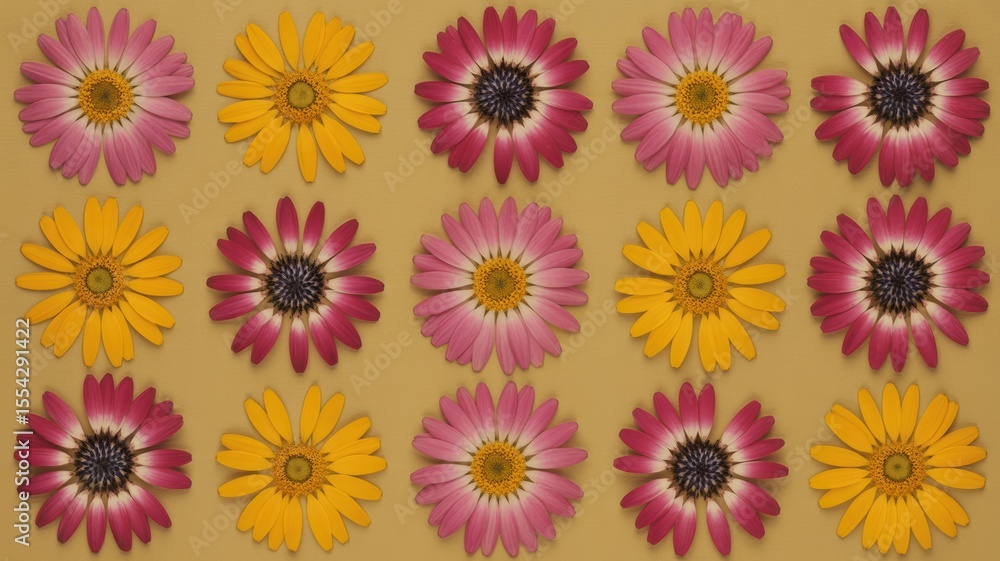Colorful pattern of pink and yellow daisies on neutral background Colorful pattern of pink and yellow daisies on neutral background