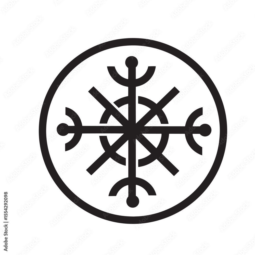 Fototapeta premium Simple vintage art silhouette snowflake design within a circular frame on white background