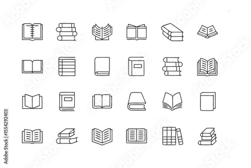 Book Icon Collection: A curated set of sleek, monochromatic book icons. Each icon representing knowledge and learning, suitable for design use.