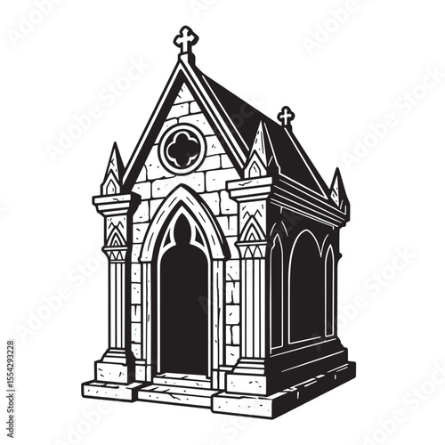 Vintage art silhouette of a gothic stone mausoleum with crosses and detailed architectural elements