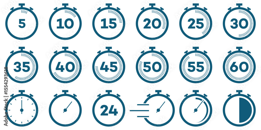 Countdown Timer and Stopwatch Icon Set – Vector Clock Symbols for Time Tracking and Cooking Labels Countdown Timer and Stopwatch Icon Set – Vector Clock Symbols for Time Tracking and Cooking Labels