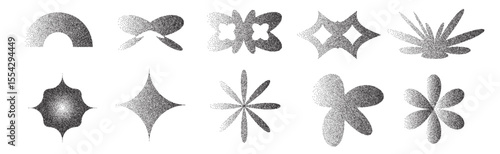 Geometric figures with grain noise gradient texture. Y2k retro stippling forms set. Butterfly, semicircle and star, flower icons on white background. Vector gritty monochrome gradation illustration.