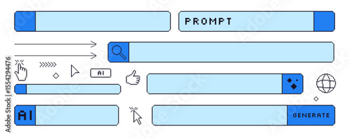 Generate prompt bar pixel art set. 8bit ai chat bot elements collection. Retro internet shapes. Click cursor and buttons windows. Vector illustration isolated on white background.