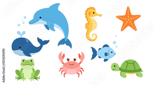 Adobe illustrator vector flat style illustration of a charming collection of sea animals, including an otter, octopus, dolphin, crab, turtle, shark, starfish, and jellyfish, in various adorable poses