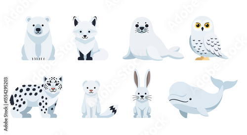 Adobe illustrator vector flat style illustration of a charming collection of snow animals, including a penguin, polar bear, seal, rabbit, musk ox, snow leopard, and caribou, in various adorable poses