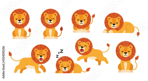 Adobe illustrator vector flat style illustration of eight mascot cartoon lions in various standing, sitting, and roaring poses, showcasing their iconic manes