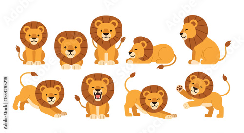 Adobe illustrator vector flat style illustration of eight mascot cartoon lions in various standing, sitting, and roaring poses, showcasing their iconic manes