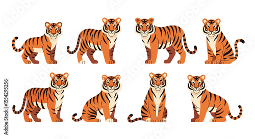 Adobe illustrator vector flat style illustration of mascot cartoon tigers in different standing and sitting poses, showcasing their iconic orange and black stripes