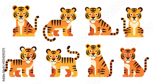 Adobe illustrator vector flat style illustration of mascot cartoon tigers in different standing and sitting poses, showcasing their iconic orange and black stripes