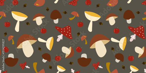Quadro su tela Whimsical seamless vector pattern of cute cartoon mushrooms, acorns, and apples on a dark grey background