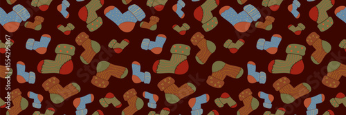Cozy seamless vector pattern of warm autumn socks on a dark red background. Perfect for digital backgrounds, hygge-themed designs, and seasonal comfort.