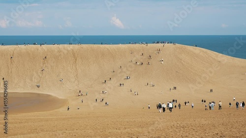 Iconic Japanese desert landscape featuring people ocean horizon.