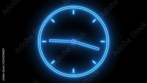 clock icon animation glowing neon blue color watch dial circle timer timekeeper analog clock 24 hour day fast speed sign symbol on black background	