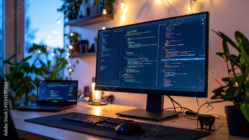 Home office workspace with computer monitor displaying code, laptop, keyboard, and mouse