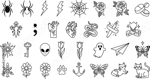 Black & White Tattoo Style Icons - Minimalist Flash Art Collection