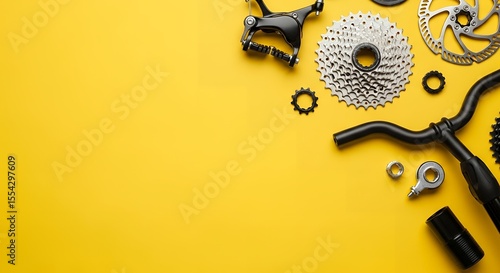 Bicycle repair tools on bright yellow background flat lay