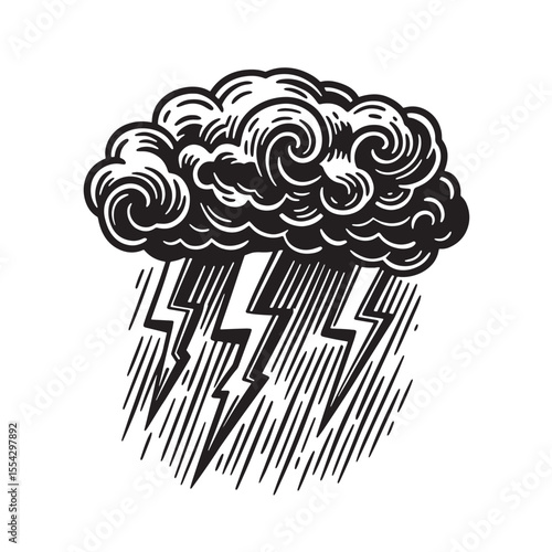 Black and white vintage art silhouette depicting a thunderstorm with lightning and rain