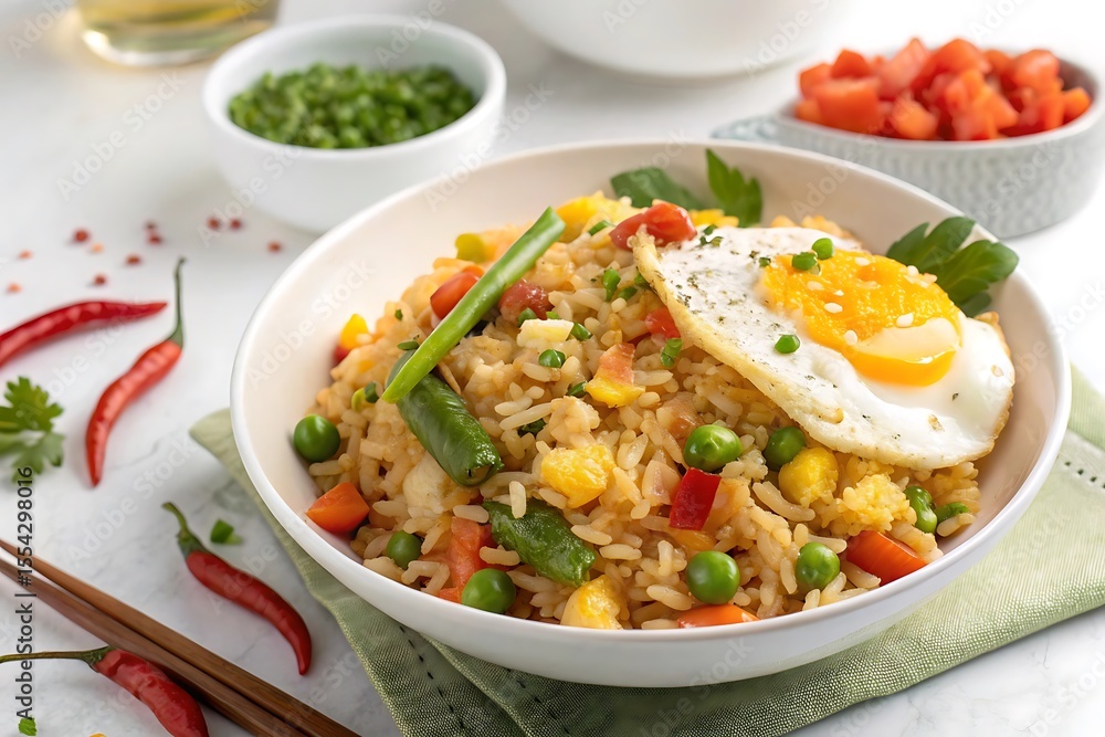 Bowl of rice with vegetables and an egg on top Bowl of rice with vegetables and an egg on top