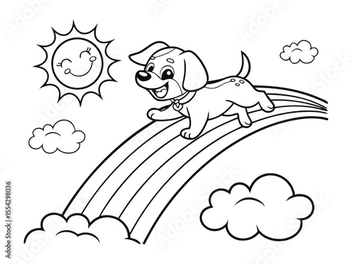 Puppy and rainbow coloring page. Fun design ready to print on standard paper. Fun puppy and rainbow coloring page