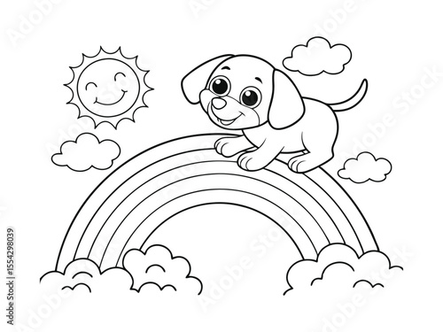 Puppy and rainbow coloring page. Fun design ready to print on standard paper. Fun puppy and rainbow coloring page