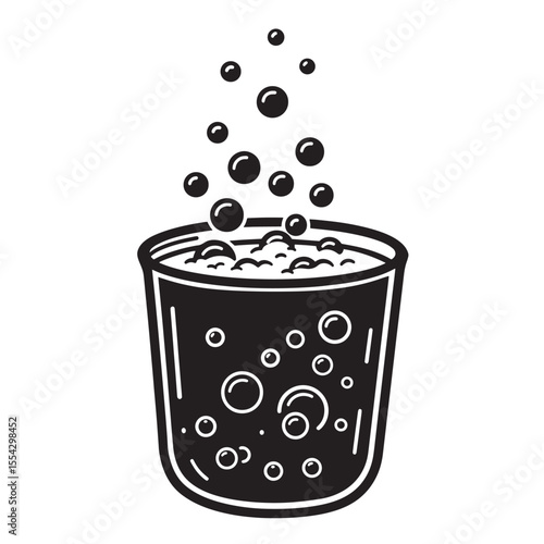 Black and white vintage art silhouette of fizzy drink in glass with bubbles ascending