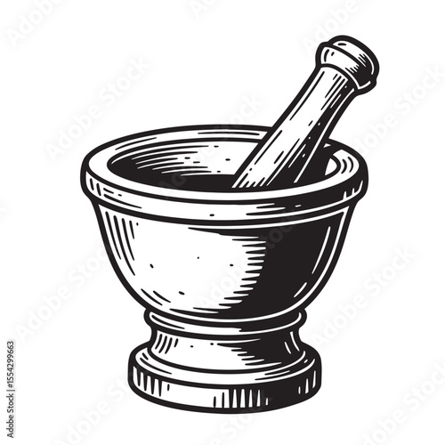 Detailed black and white vintage art silhouette of a mortar and pestle illustration