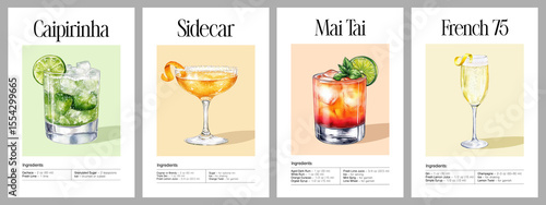 Set of four watercolor cocktail recipe illustrations: Caipirinha, Sidecar, Mai Tai, and French 75. Each glass depicted with garnish and detailed ingredients list on colored background. 