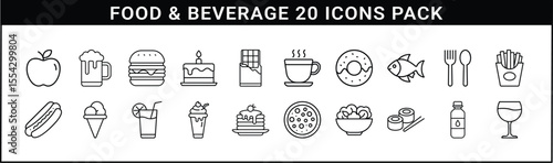 Food and Beverage Line Icon Vector Set - Collection of 20 clean black line icons showcasing food, drinks, desserts, and dining elements for culinary, menu, or app designs.