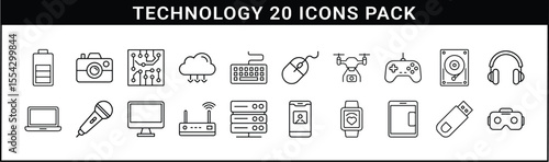 Technology Devices and Gadgets Line Icon Set - Black line icon pack showcasing modern technology tools and devices including electronics, wearables, data, and communication gadgets.