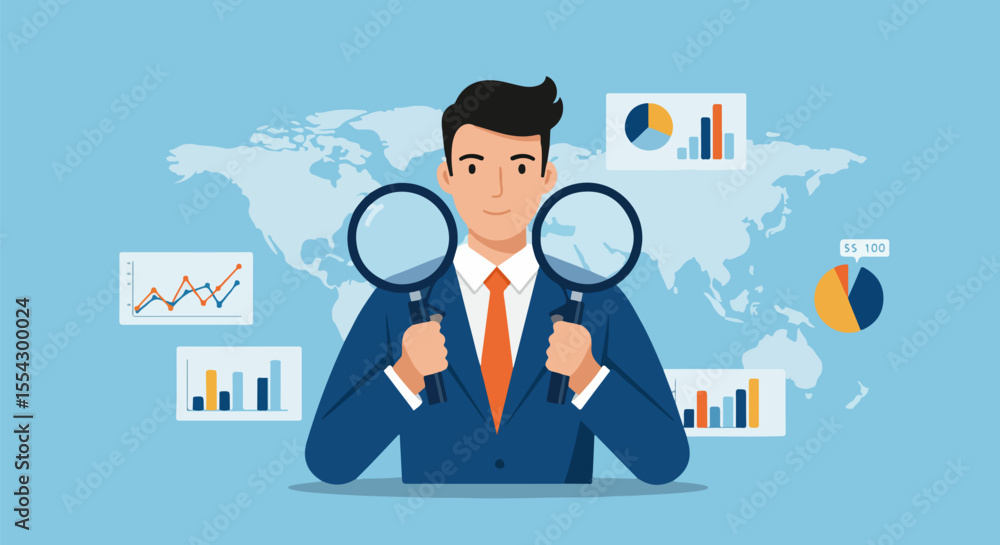 Flat Design Business Analyst with Magnifying Glasses Analyzing Global Data Overlaid with Colorful Charts and World Map on Light Blue Background Flat Design Business Analyst with Magnifying Glasses Analyzing Global Data Overlaid with Colorful Charts and World Map on Light Blue Background