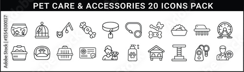Pet Care and Accessories Outline Icon Set - Set of 20 outline icons related to pet care and accessories, including toys, grooming, food, veterinary services, and housing items.
