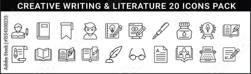 Creative Writing and Literature Outline Icons Set - Set of 20 outline icons focused on creative writing and literature, featuring books, pens, authors, typewriters, and writing tools.