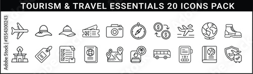 Tourism and Travel Essentials Outline Icons Set - 20 outline icons illustrating essential items and concepts for tourism and travel, including flights, maps, luggage, documents, and gear.
