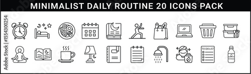 Minimalist Daily Routine Outline Icons Set - Outline icon set of 20 minimalist visuals representing daily routine tasks like waking up, exercising, eating, planning, and self-care.
