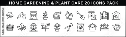 Home Gardening and Plant Care Icons Set - 20 outline icons themed around home gardening and plant care, featuring tools, pots, soil, seeds, watering cans, and greenhouses.