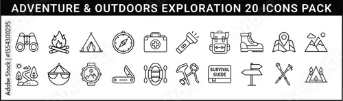 Adventure and Outdoor Exploration Outline Icons Set - A pack of 20 outline icons themed around adventure and outdoor exploration, featuring gear, navigation, camping, hiking, and survival tools.