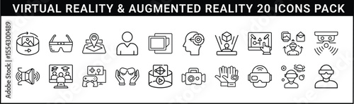 Virtual Reality and Augmented Reality Icons Set - Set of 20 outline icons focused on virtual and augmented reality, featuring headsets, holograms, controllers, interfaces, sensors, and avatars.