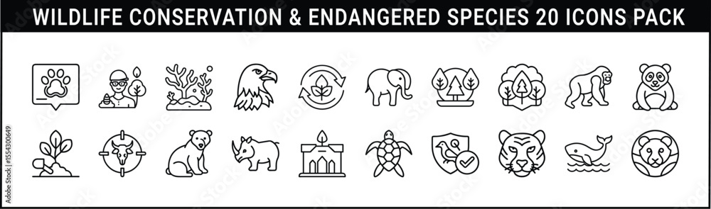 Obraz premium Wildlife Conservation and Endangered Species Icons Set - 20 outline icons focused on wildlife conservation and endangered species, featuring animals, ecosystems, researchers, and protection symbols.