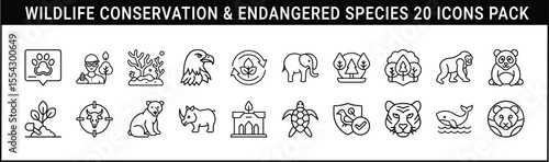 Wildlife Conservation and Endangered Species Icons Set - 20 outline icons focused on wildlife conservation and endangered species, featuring animals, ecosystems, researchers, and protection symbols.