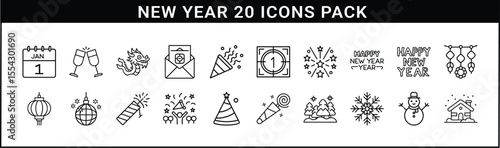 New Year Celebration and Festive Icons Set - 20 outline icons themed around New Year celebrations, including fireworks, countdowns, champagne, decorations, greetings, and winter elements.