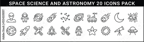 Space Science and Astronomy Icon Set Outline - Pack of 20 line icons themed around astronomy, space science, and exploration including rockets, planets, aliens, and telescopes.