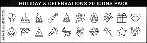 Holiday and Celebration Line Icon Vector Set - Set of 20 black line icons depicting festive and seasonal celebration elements including party, holiday, and event symbols for design use.