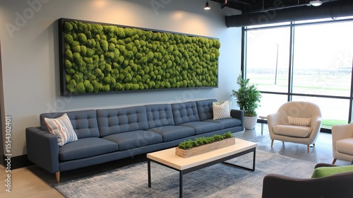 Modern living room with a moss wall and comfortable seating.