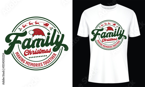 A festive Christmas family T-shirt design showcases holiday spirit with a Santa hat and reindeer, ideal for festive gatherings and making joyful memories together.