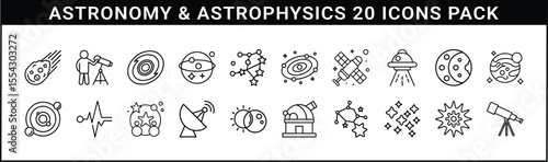 Astronomy and Astrophysics Line Icon Vector Set - Set of 20 black line icons representing celestial objects, scientific observation tools, and cosmic phenomena for astronomy and astrophysics themes. 