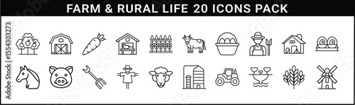 Farm and Rural Life Line Icon Vector Set - Set of 20 black line icons representing agriculture, farming tools, crops, livestock, and rural lifestyle elements for countryside and organic themes.