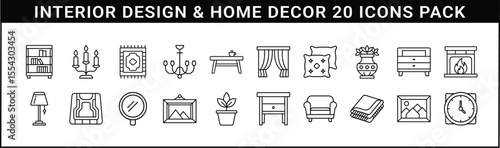 Interior Design and Home Decor Line Icon Set - Collection of 20 black line icons featuring stylish furniture, lighting, textiles, and decorative elements for interior design and home styling visuals.