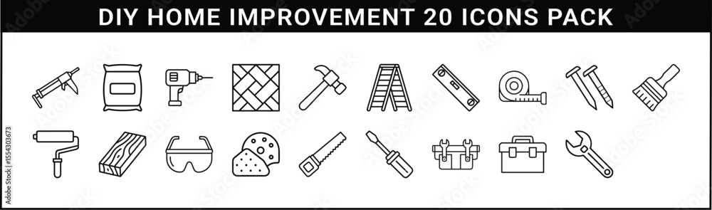 Fototapeta premium DIY Home Improvement Tool Icon Pack - 20 outline icons featuring essential DIY tools, equipment, and construction elements used in home renovation and repair projects.