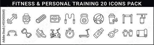 Fitness and Personal Training Icons Collection - Set of 20 outline icons representing gym equipment, training tools, and fitness tracking for workouts and personal training.